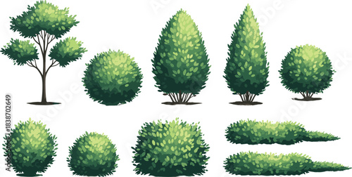 Top view trees and bushes, foliage elements, garden plants, landscaping assets, green vegetation icons for outdoor design and nature planning.