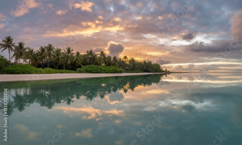 Tropical sunrise bathes a beach, palm trees, and their reflection in calm, shallow water