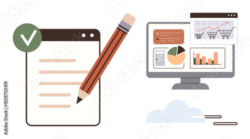 Pencil editing document with checklist, monitor displaying analytics dashboard, progress charts, and shopping cart statistics. Ideal for productivity, organization, data monitoring, office workflow