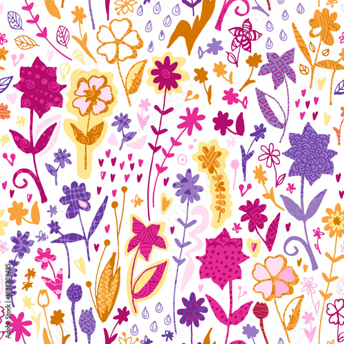 Floral seamless pattern with cute doodle flowers