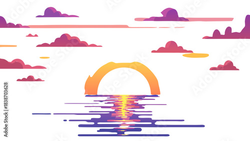 Pixel art sunset over water with purple and orange clouds and reflection on dark ripples serene atmosphere vibrant colors digital art