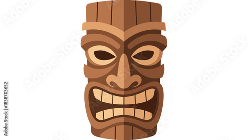 Pixel Art Tiki Mask Tribal Decoration With Fierce Expression And Wood Texture Against Black Background
