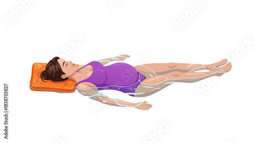 Pixel Art Pregnant Woman Floats Peacefully On Water Wearing Purple Swimsuit Resting Head On Orange Pillow Serene And Calm Mood With Light Blue Water Ripples Detailed Retro Style Illustration