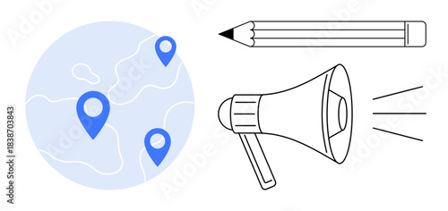 Advertising, communication, global outreach, marketing strategy, location targeting, education tools. Illustration of megaphone, pencil and map with location pins. Marketing and communication