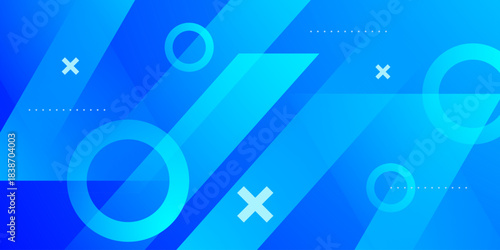 Abstract dynamic blue color background with overlap triangle arrow and circle shapes pattern element concept. Cool banner background.