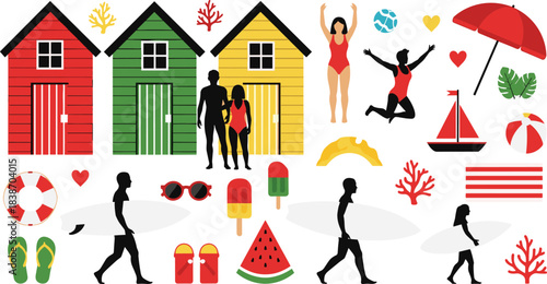 Beach fun illustration, summer icons, beach huts, surfboards, swimsuits, umbrella, sailboat, watermelon, popsicle, sunglasses, vacation scene