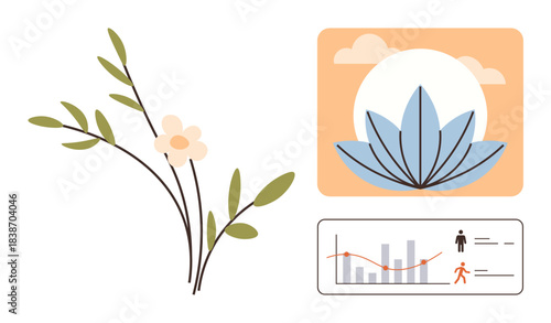 Branch with delicate leaves and flowers, lotus against the sun, and a health data graph. Ideal for wellness, mindfulness, health tracking, balance, growth meditation and lifestyle themes. Simple