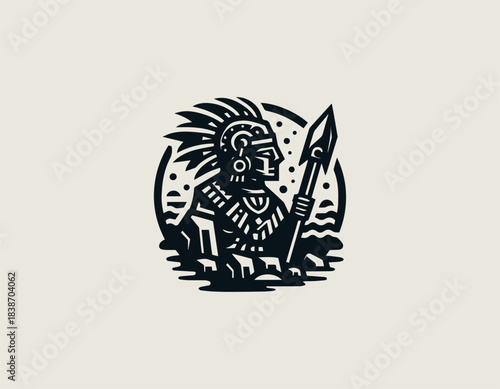 Mayan Warrior Stone black vector logo illustration