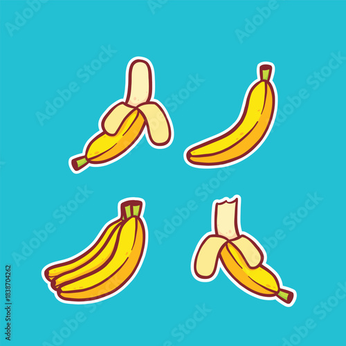 doodle set of ripe yellow banana fruit peeled and unpeeled banana illustration hand drawn style vector