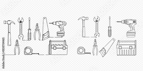 Continuous line drawing of various construction and repair tools including hammer, wrench, screwdriver, drill, and toolbox.
