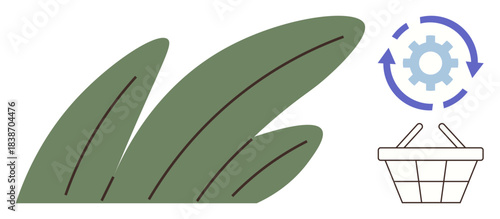 Green leaves symbolize nature, gear in recycling motion represents eco-friendly processes, and a shopping basket conveys consumer choices. Ideal for environment, sustainability, eco-commerce, green