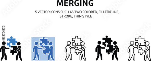 Merging concept vector icons, puzzle teamwork, collaboration styles, outline filled stroke thin, business unity, user interface design elements, communication