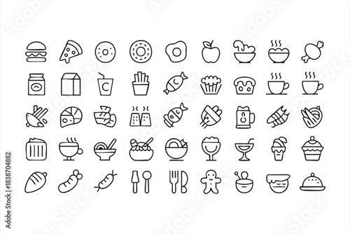 Food and Drink Line Icons for Restaurant Menus, Delivery Apps, and Culinary UI