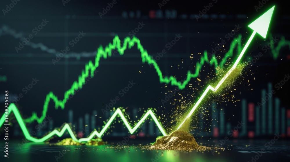 Naklejka premium Financial Growth Graph: A vibrant financial graph ascends sharply, its luminous green arrow symbolizing upward trajectory and market expansion, set against the backdrop of dynamic market fluctuations.