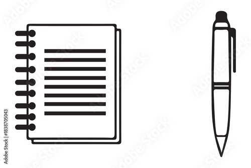 Simple line drawing of a spiral bound notebook with lined pages and a pen isolated on white background