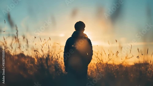 Silhouette of a person at sunset in field with warm atmospheric light