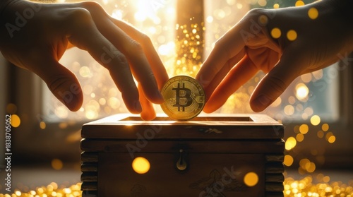 Digital Gold's Enshrinement: A pair of hands tenderly places a gleaming bitcoin within a small wooden chest.
