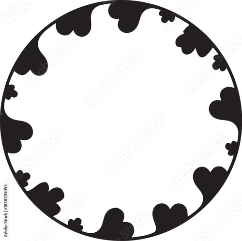 Black heart shaped floral border on white circle circular
