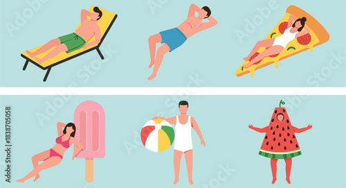 Summer character illustration, beach fun, food costumes, lounging figures, popsicle, pizza float, beach ball, watermelon suit, playful vacation art