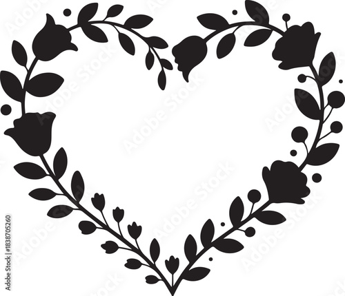 Black heart shaped floral wreath with roses and leaves