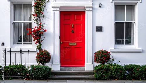 Vibrant Red Door on a Classic White Building with Greenery.