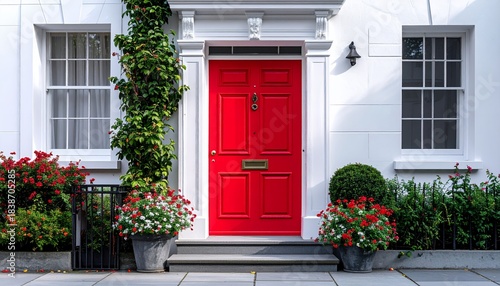 Vibrant Red Door on a Classic White Building with Lush Greenery and Floral Pots.