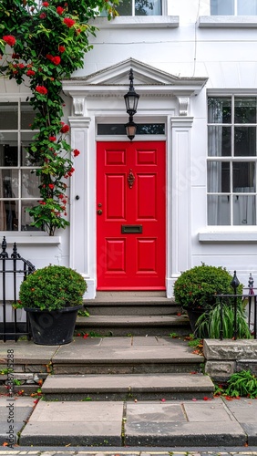 Vibrant Red Front Door of a Classic White House with Greenery and Steps.