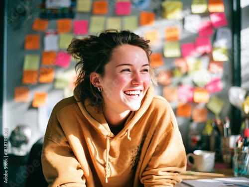 Inspiring young woman creates in a colorful home office space embracing creativity with vibrant notes indoors