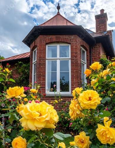 Vibrant Yellow Roses Bloom in Front of a Charming Brick House.