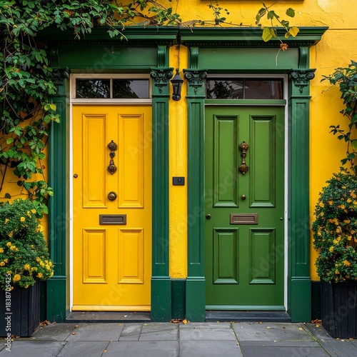 Vibrant Yellow and Green Doors on a Colorful Building Facade.