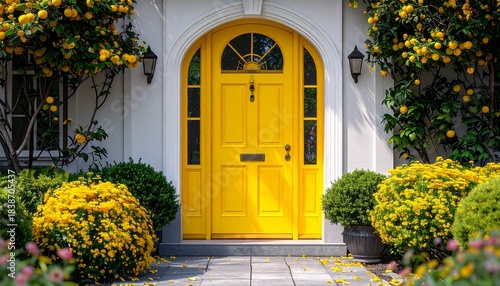Vibrant yellow door on a white house surrounded by lush green bushes and blooming yellow flowers, creating a welcoming and cheerful entrance.