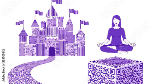 Purple pixelated castle on a winding path with a woman meditating levitating above a QR code in a digital fantasy landscape