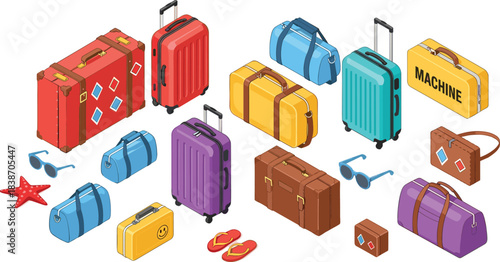 Travel luggage collection, suitcase styles, duffel bags, accessories, sunglasses, flip-flops, starfish, travel gear, colorful bags, vacation preparation