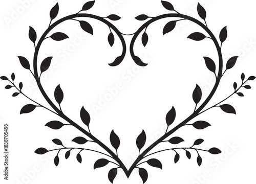 Black heart shaped vine with leaves silhouette