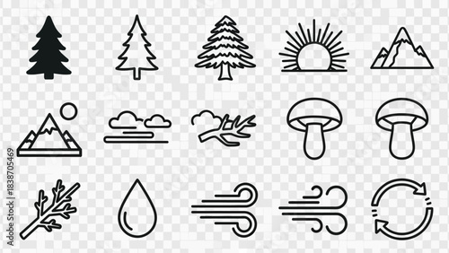 A collection of nature and weather line art icons including trees, sun, mountains, clouds, branches, mushrooms, water drop, wind, and recycle symbol.