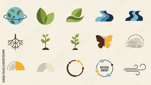 A collection of flat design icons representing nature, environment, and renewable energy concepts.