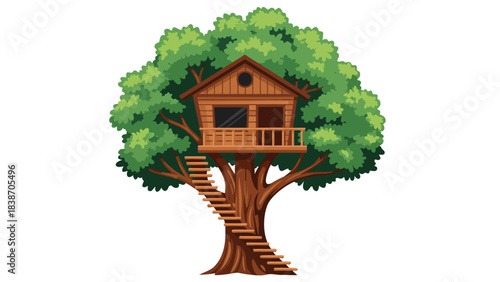 Pixel Art Treehouse With Wooden Stairs and Green Foliage Against A Black Background A Whimsical Childhood Retreat