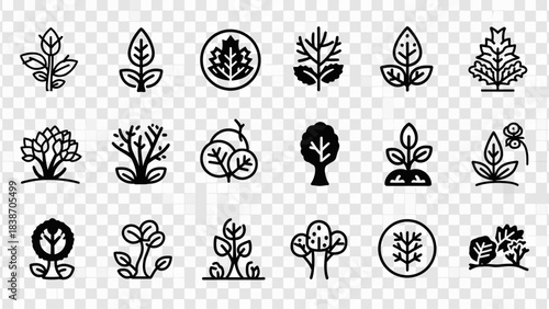 A collection of black and white line art icons depicting various plants, leaves, and trees in different styles.