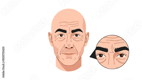 Pixelated Portrait of a Bald Middle Aged Man With Wrinkles and a Close Up Detail of His Eyes and Eyebrows on a Black Background