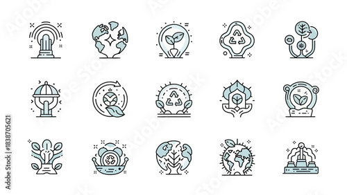 A collection of 15 detailed line art icons representing various environmental and ecological concepts with light blue accents.
