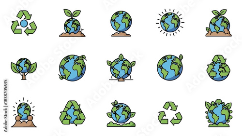 Collection of environmental protection and recycling icons featuring Earth and green elements.