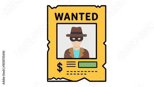 Pixelated Wanted Poster Featuring a Suspect in a Hat and Mask with Dollar Sign and Blank Reward Space