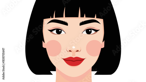 Pixelated Portrait of a Young Woman with Dark Bob Haircut and Red Lipstick Detailed Facial Features with Rosy Cheeks and Dark Eyeliner Against a Black Background