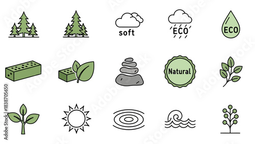 A collection of nature-themed line icons representing ecology, natural products, and environmental concepts.