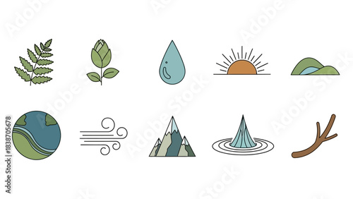 A collection of nature and environmental icons including plants, water, sun, earth, wind, and mountains.