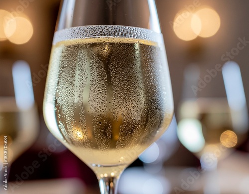 A close-up shot of a chilled glass of white wine, glistening with condensation, set against a softly blurred background of other glasses and warm lights.