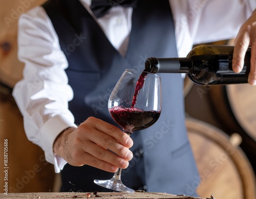 A sommelier pours red wine from a bottle into a wine glass in front of wine barrels.