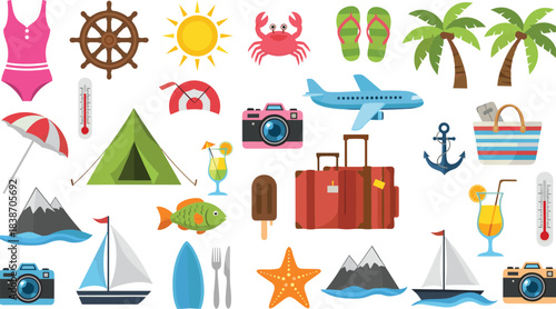 Vacation icon collage, summer travel symbols, beach items, tropical drink, swimsuit, suitcase, sailboat, camera, tent, palm trees