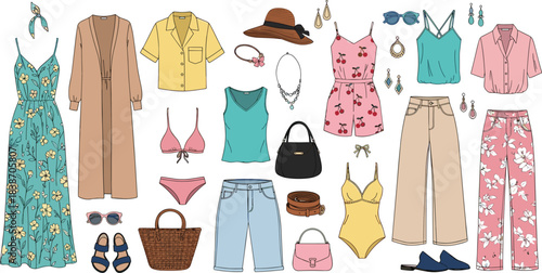 Women's summer fashion set, floral dresses, swimwear, tops, pants, accessories, handbags, jewelry, sunglasses, sandals, coordinated outfit collection