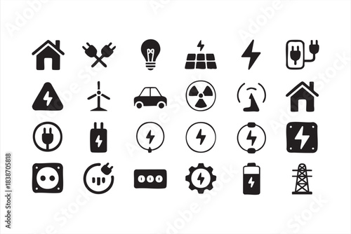 Charging, Voltage, and Power Icons for Electric Vehicles, Stations, and Smart Grids